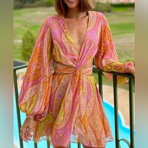 Women Bohemian Mini Dress Paisley Floral Size M Multicolor Slit Sleeve V-Neck